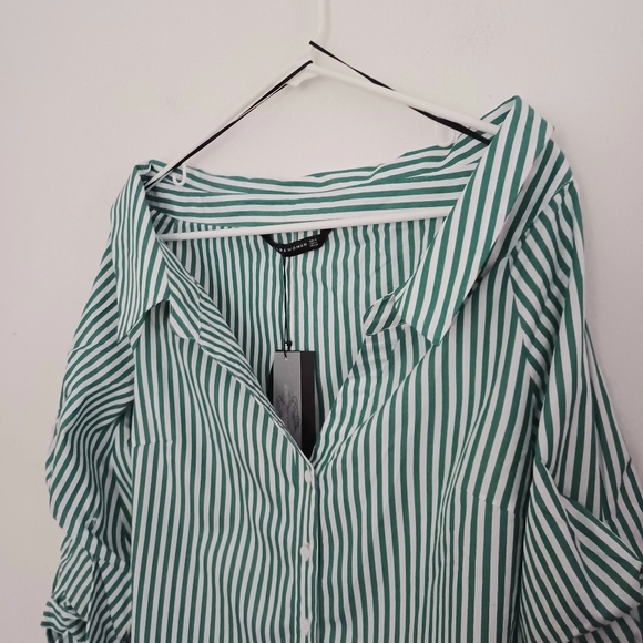 NWT Zara Green Striped Wide Open Neck Over the Shoulder Blouse Shirt puff Sleeve - Picture 13 of 16